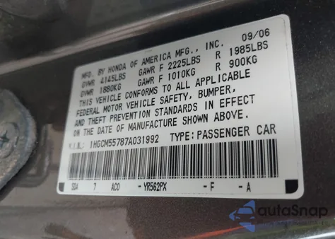 2007 Honda Accord 2.4 Ex from USA, damaged, VIN 1HGCM55787A031992